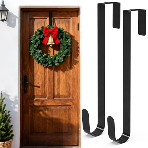 CHGANG 2pcs Christmas Wreath Door Hanger - 12 Inches Metal Front Door Wreath Hook for Christmas Home Office Wall Wedding Wreaths or Decorations (Black)