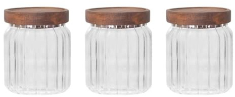 YöL Pack of 3 400ml Glass Storage Container Wooden Lid With Silicone Seal Modern Ribbed Finish - Dry Food Storage Jar Tea Coffee Sugar Flour Oats Pasta Cereal Kitchen