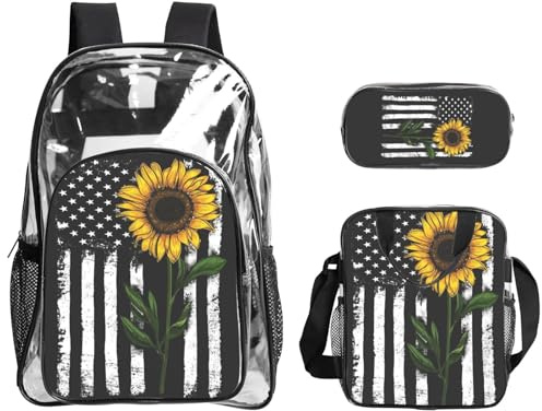 WSHFFILO Girasole e bandiera americana stampato Zaino trasparente tre pezzi set -portabilità leggera