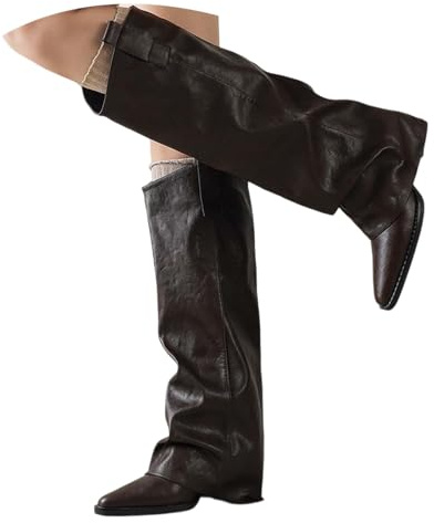 Stivali Camperos Donna - Antiscivolo Stivali Alti Donna Eleganti Pelle Stivaletti con Tacco Basso Fashion a Punta Stivaletto Morbida Stivale al Ginocchio,Marrone,37