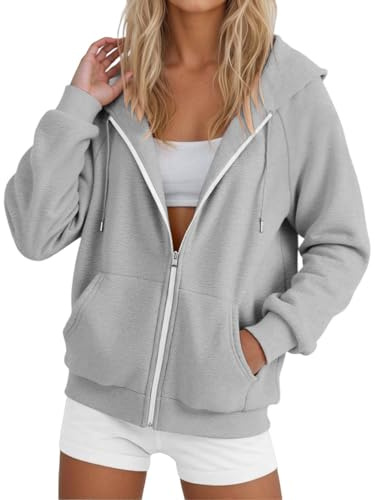 Generico Felpa Donna con Cappuccio e Zip Giacca Sportiva Leggero Hoodie Pile da Autunno Invernale Manica Cotone Manica Lunga Sweatshirt Aperto con Tasche Felpe Casual (Grey, L)