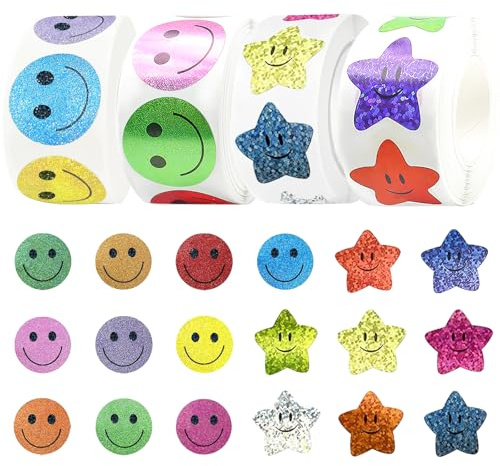 BEELUKY 2000 Stück Smiley Aufkleber 4 Rollen Smiley Sticker Glitzer Belohnung Happy Face Rund Aufkleber für Geschenkdekorationen Belohnungsaufkleber Partydekorationen