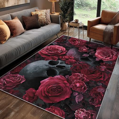 Generisch Totenkopf Teppich Klein 80 x 150 cm Wohnzimmer Mit Gothic Rosen Romantisch Blumen 3D Vintage Muster, Totenkopf Bettvorleger Schlafzimmer Deko, Waschbar Teppich Kurzflor rutschfest