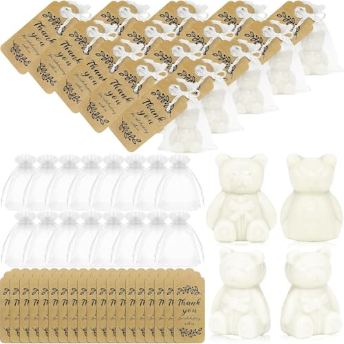 50 Stück Bären-Seife Gastgeschenke, Weiße Babyparty Seifen mit Dankeskarten und Verpackungsbeuteln, Gastgeschenke für Jungen und Mädchen, Baby Shower Dekoration & Giveaways (Weiß)