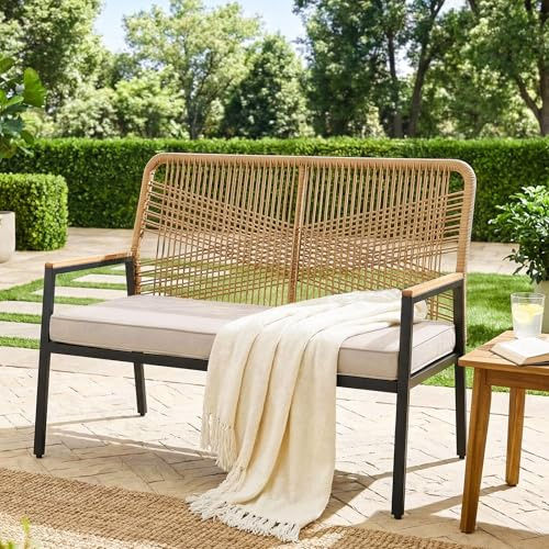 LIFERUN Gartensofa Rattan, 2-Sitzer Rattansofa Polyrattan, 64x115x94cm | Sitzbank Outdoor, Gartenmöbel Metall und Rattan, Wetterfest, WPC Armrest, Balkon Bank für Terrasse,Garten und Veranda, Beige