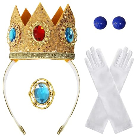 Prinzessin Peach Kostüm - Prinzessin Peach Krone, Diadem 4-teiliges Set mit Ohrringen, Brosche, Handschuhen | Elegantes Stirnband für Damen Kostüm & Deko Party Cosplay Set in