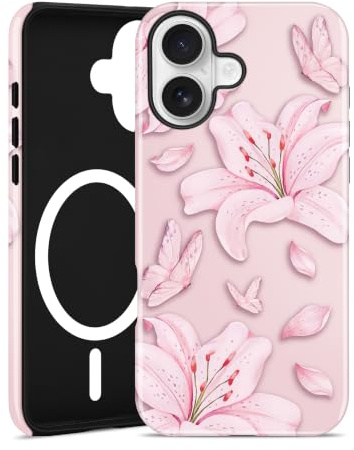 Jusy Lily Flower Magnetic Case for iPhone 13/14, Pink | Compatible with MagSafe, Cute Lily Butterfly Aesthetic Design, Wireless Charging, TPU and PC Shockproof