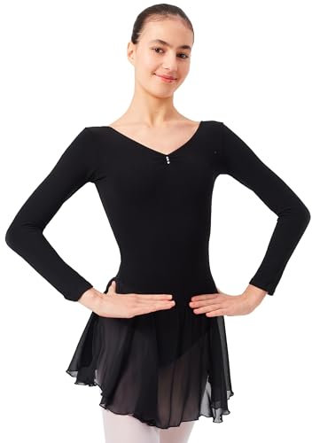 tanzmuster ® Ballettkleid Mädchen Langarm - Anna - aus weichem Baumwollstoff mit Glitzersteinen und Chiffon Röckchen fürs Kinder Ballett Ballettbodyin schwarz, Größe:104/110