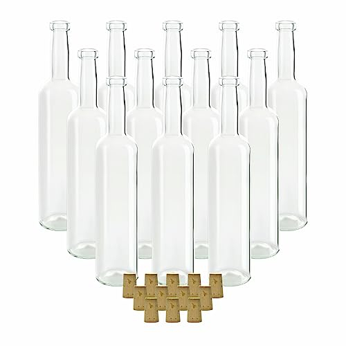gouveo set 12 bottiglie in vetro 500 ml bordolesi trasparenti con tappo in sughero (SK) - bottiglia vuota da 0,5 l da riempire - bottiglia in vetro per liquore, grappa, olio, aceto