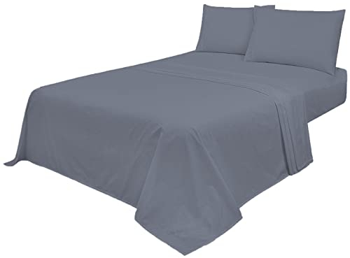 Voice7 Non Iron Grey 4pc Sheets Set (Fitted Sheet + Flat Sheet + Pillow Cases Pair) Percale Super Poly Cotton Bedding Sets (Grey, Double)