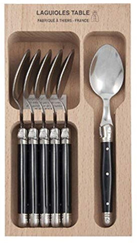 Andre Verdier LAGUIOLE Debutant Set of 6 Table Spoons with Black ABS Handle-Made in France, Stainless Steel