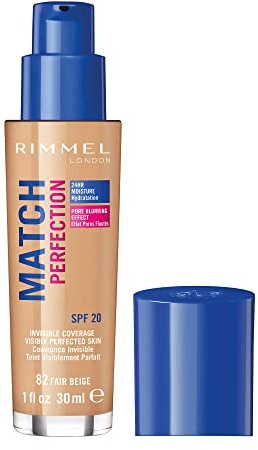 Rimmel Match Perfection Foundation 082 Fair Beige, Medium Coverage, 24hr Hydration, No Caking or Creasing, Lightweight, Reduces Imperfections, Invisible Coverage, SPF20, Cruelty Free