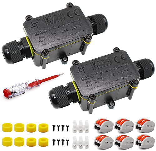 2 Wege Junction Box, IP68 Abzweigdose, HUYU wasserdichte Verteilerdose, Verbindungsdose Außen, Klemmdose mit M20, Klemmen, Elektrisches Kabel Wire Connector für Ø 5mm-12mm Kabeldurchmesser, 2 Stck.