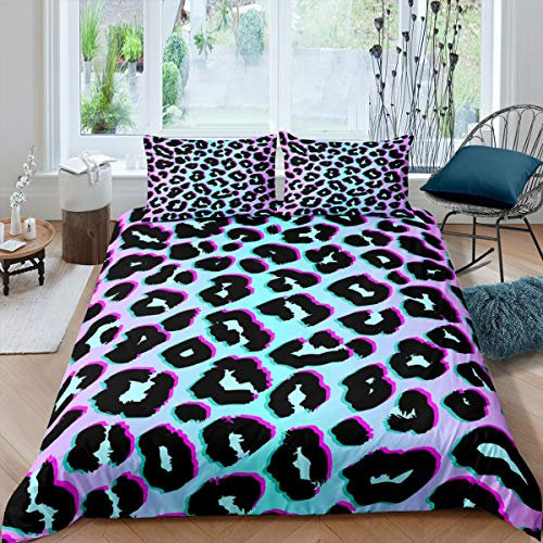 Loussiesd Leopard Comforter Cover Set Blue Purple Gradient Duvet Cover Set Leopard Print Bedding Set for Women Adults Stylish Quilt Cover Bedroom Collection 2Pcs Single
