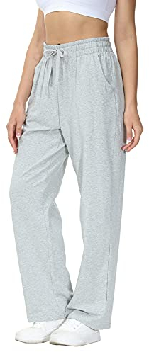 HMIYA Jogginghose Damen Baumwolle Freizeithose Lang offenem Boden Yogahose Sporthose Geradem Bein Hose mit Taschen(Grau XL)