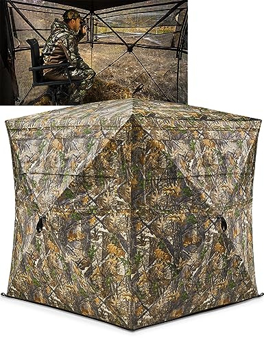 TIDEWE Jagdjalousie durchsichtig mit Tragetasche, 2–3 Personen, Pop-Up-Bodenjalousien, 270 Grad, tragbares, langlebiges Jagdzelt für die Jagd von Hirsch und Truthahn (Camouflage)