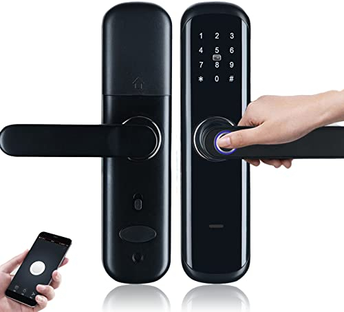 Serrure Empreinte Digitale Serrure Electronique Porte Entree avec Poignée Levier Clavier à écran Tactile Mot de Passe Code Serrure de Porte Intelligente Serrure Biometrique avec Clé, Télécommande APP