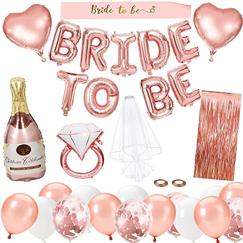 JGA Deko Luftballons Rosegold Weiß Set, Braut to Be Deko, Junggesellenabschied Deko mit Banner Herz Bier Folienballons Rosegold, Schärpe, Fransenvorhang und Brautschleier