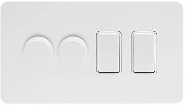 Soho Lighting White Metal Flat Plate 4 Gang Switch with 2 Dimmers (2x150W LED Dimmer 2x20A Switch)