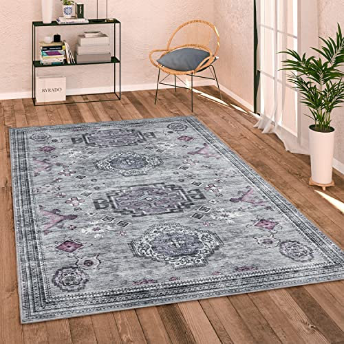 Paco Home Waschbarer Teppich Wohnzimmer Schlafzimmer Vintage Modern Orientalisch Ornament Flachgewebe Bordüre, Grösse:200x280 cm, Farbe:Grau
