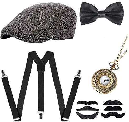 JIAJIAYI 20er Jahre Herren Accessoires,1920er Herren Kostüm Zubehör Set Roaring Retro Gangster Kostüm,20er Gangster Kostüm Rockabilly Mafia Gatsby Flapper kostüm Zubehör Set mit Panama Gangster Hut