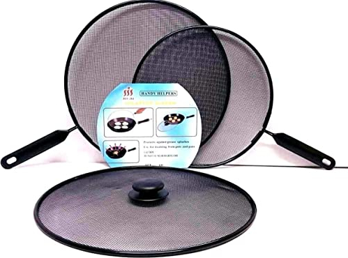 PEBBLE HUG Splatter Screen for Frying Pan Cooking - Stainless Steel Splatter Guard Set of 3 Anti Splash Screen Cover Mesh Metal Wired, Heat Resistant Handle