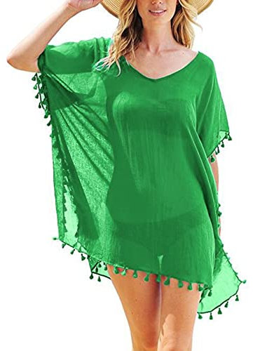 Yowablo Bikini Chiffon Bezug für Frauen Trim Quassen-Oberteile Bademode Loff Beach Kaftan up Bademode in Plus Größe Bademode Damen Große Größen (Einheitsgröße,Grün)