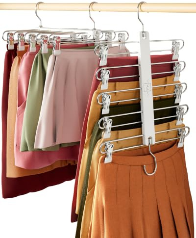 MORALVE - Lot de 2 cintres à jupes à économie d'espace avec pinces - Cintre à 5 niveaux en bois de hêtre européen pour shorts, jupes et pantalons - Organisateur de placard et solution de rangement