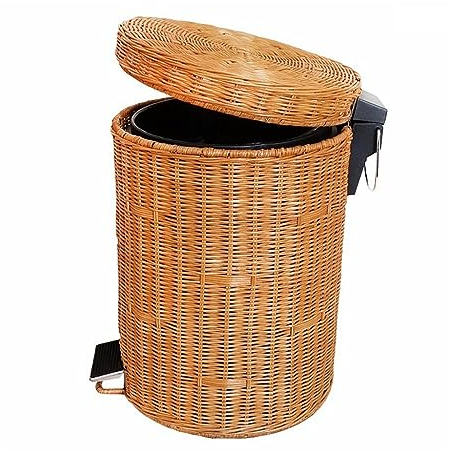 Papelera de mimbre con tapa for baño, cubo de basura con pedal silencioso y desaceleración con tapa, cubo con revestimiento extraíble, cubo de basura redondo de ratán, for baño, sala de estar, cocina