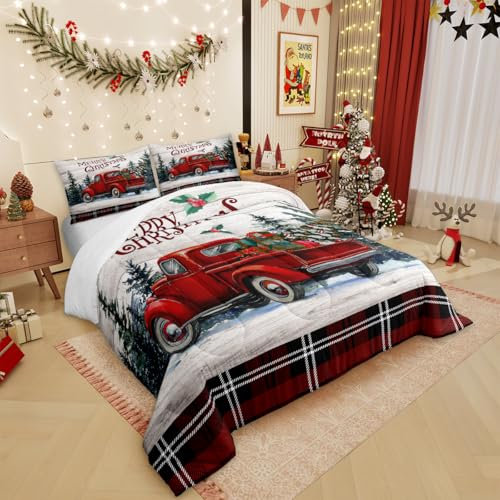 Merry Christmas Tröster-Set, King-Size-Bett, Vintage-Weihnachts-LKW-Bettwäsche-Set, rot, schwarz, kariert, 3-teilig, für Kinder, Mädchen, Jungen, Schlafzimmer, Dekoration, rustikales Bauernhaus-Holz,