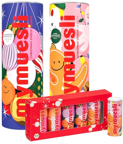 mymuesli BIO Weihnachts-Mix (2x575g + 6x50g Geschenk Minis) - Choco Almond Cinnamon Crunch, Baked Apple Cookie Crunch, 6er Mini-Müsli Geschenk-Box - Das gesundes Winter-Frühstück - 100% Palmöl-frei
