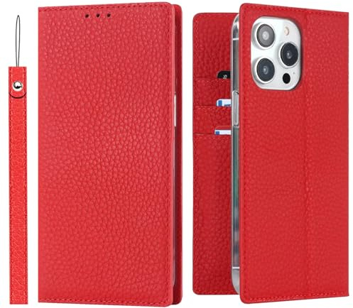 ELTEKER Hülle iPhone 14 Pro Handyhülle [Echtes Leder] Klapphülle mit Kartenfach,Schutzhülle Leder Hülle für iPhone 14 Pro-Rot
