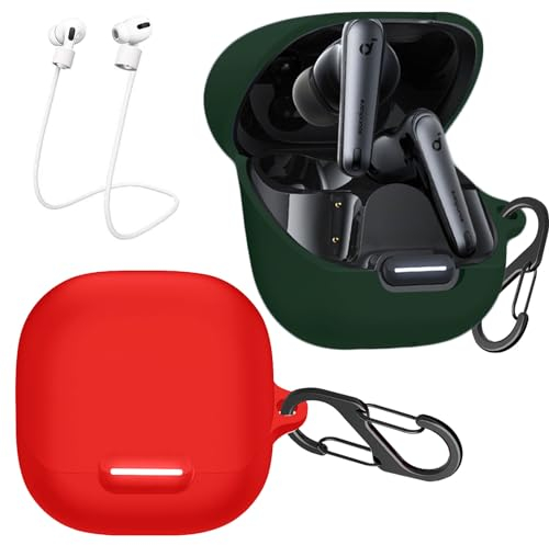 [2-Pack] easyBee Hülle Kompatibel mit Soundcore Liberty 4 NC, mit 2 Karabiner 2 Anti-Verlust-Gurte, Flüssiges Silikon Case Ultradünn Stoßfest Schutzhülle Kopfhörer Tasche - Rot Grün