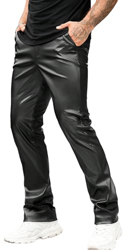 GORGLITTER Men's Casual Stacked PU Leather Flares Pants Wide Leg Skinny Motorcycle Biker Pants Black Small