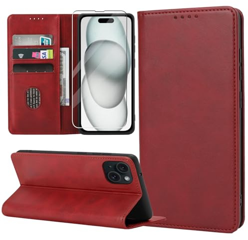 ZYIMOU Handyhülle für iPhone 15 Hülle mit Schutzfolie, Leder Schutzhülle Standfunktion Kartenfach Wallet Klapphülle iPhone 15 Flip Case Cover, Rot