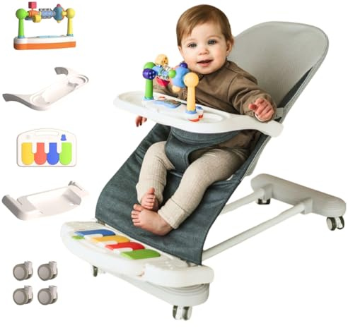 CuddoBaby 4-in-1 Babywippe mit Rädern, abnehmbares Klavier & Futtertablett, 3-stufig verstellbarer klappbarer Sitz mit Spielbügel, geeignet für Babys 0-24 Monate, ideales Babygeschenk - Blau