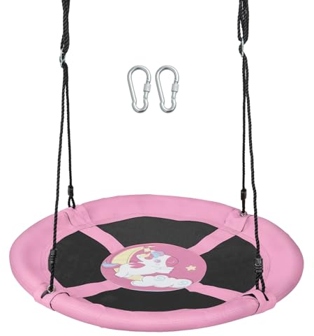 KOMFOTTEU Balançoire Nid d'Oiseau, réglable en Hauteur (118-173 cm), Balançoire d’Extérieur pour Enfant, Charge de 100 kg, Balançoire Suspendue Ronde, en Tissu Oxford, Ø102 cm (Licorne, Rose)