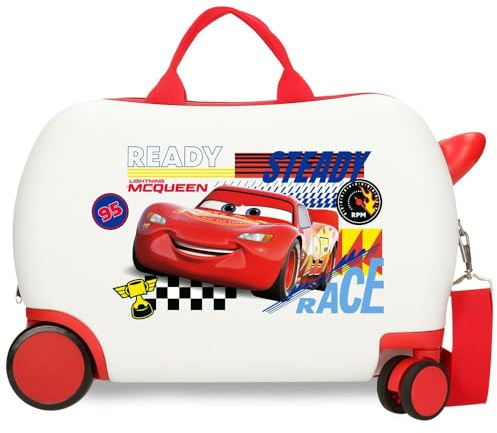 Joumma Disney Cars Lets Race Kabinenkoffer, Kinderkoffer, Harter ABS-Kunststoff, seitlicher Kombinationsverschluss, 4 Doppelrollen, Handgepäck, weiß, Kinderkoffer