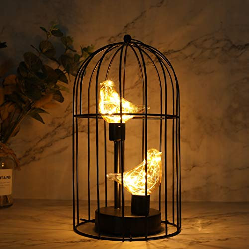 JHY DESIGN Vogelkäfig-Dekolampe Batteriebetrieben Kabellose Tischlampe mit Warmweißer Lichterkette Vogelbirne für den Innenbereich Schlafzimmer Wohnzimmer Zuhause Hochzeit Weihnachten (Schwarz)