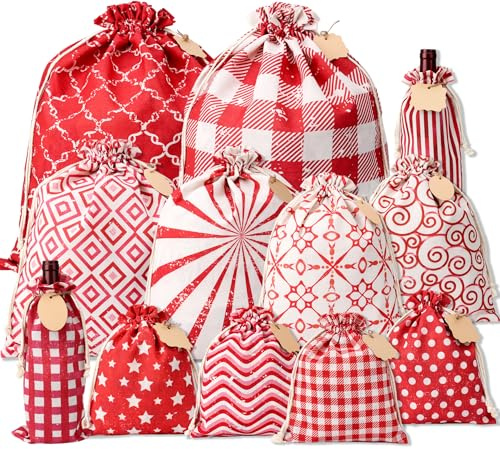 POPGIFTU Jute Geschenktüten mit Kordelzug, 12 Stück Wiederverwendbarer Rotes Retro Stoffbeutel, Sackleinen Taschen, Canvas Geschenktaschen für Geburtstag, Weihnachten, Hochzeit Party