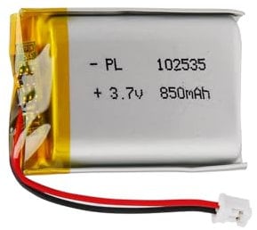 3.7V Lipo battery, 3.7V 850mAh 102535 Lithium polymer ions with 2P-PH connection with 2.0 mm Grid dimension