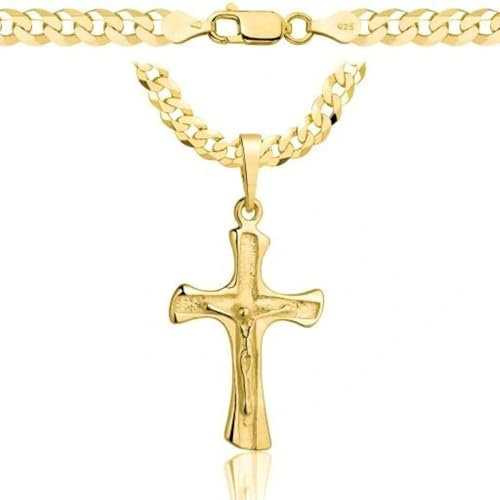 AMAR PRAGNA goldkette herren mit kreuz 585, Kette Herren 925/585 - kreuz kette herren gold 585 massiv - 5 mm, Kreuz Kette 50 cm - Goldkette Kreuzkette - panzerkette gold 585