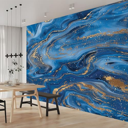 Papier Peint Marbre Bleu Or 250x175 cm 3D Panoramique Murale Salon Papier Peint intissé pour Chambre Salon Personnalisé Décoration Murale