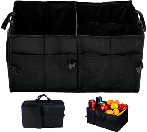 Marine Aurora Foldable Car Boot Organiser, Extra-Large Trunk Storage Bag with Multi-Pockets & Non-Slip Base - Universal Fit for All Vehicles, Black (53cm x 38cm x 26cm)