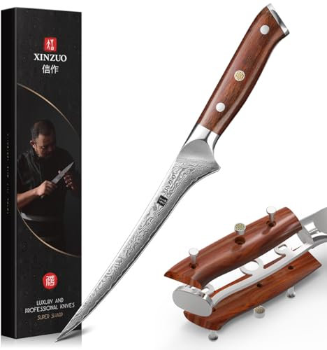 XINZUO Damaststahl 18cm Filetiermesser, 67 Schichten Damastmesser Fischmesser Profi Kochmesser, Damaskus Fischfiliermesser Ausbeinmesser für Küchen -Ergonomischer Rosenholz Griff -mit Geschenkbox
