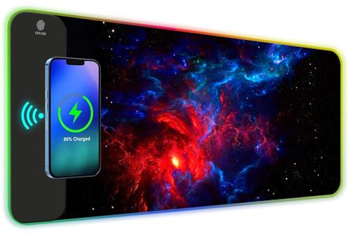 ToLuLu RGB Wireless Charging Gaming Mouse Pad, 7.5/10/15W 10 Light Modes LED Mouse Pad Computer Keyboard Mat Mousepad, 800x300x4MM Extended Large Desk Pad Desk Mat for Gamer, Red Blue Galaxy