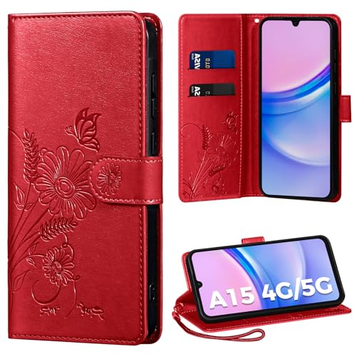 Handyhülle für Samsung Galaxy A15 5G Hülle, für Galaxy A15 5G Hülle PU Lederhülle Tasche Flip Case Kartensteckplätzen Schutzhülle Klapphülle Kompatibel mit Samsung A15 5GHülle,Rot