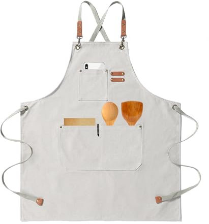 HIUOUIH Delantal Cocina Hombre Delantal Barbacoa Delantal de Trabajo Mujer con 3 Correa Ajustable y Bolsillos Delantales de Lona para Cocinar Hornear Jardinería Camarero, Blanco Roto