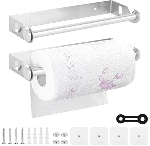 NZZVNZ Portarotolo da Cucina Acciaio Inox 28cm 2 Pezzi, Porta Rotolo da Cucina con Doppia Scanalatura Sotto Armadio Adesivo o Installazione di vite, Porta Scottex per Casa Cucina Bagno