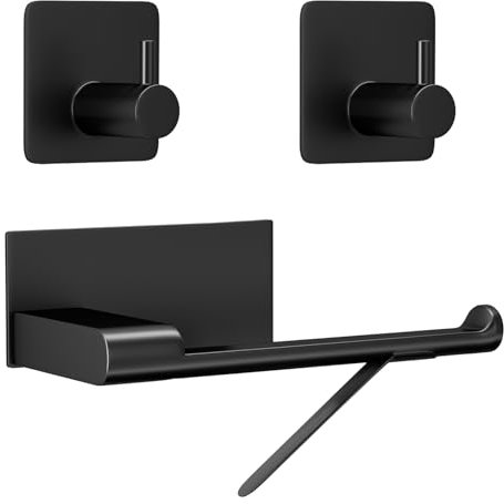 Toilet Paper Holder No Drilling Required,Selbstklebend Klopapierhalter WC Papierhalter Edelstahl Toilettenpapierrollenhalter mit 2 Stück Handtuchhaken für Küche und Badzimmer (1 Schwarz)